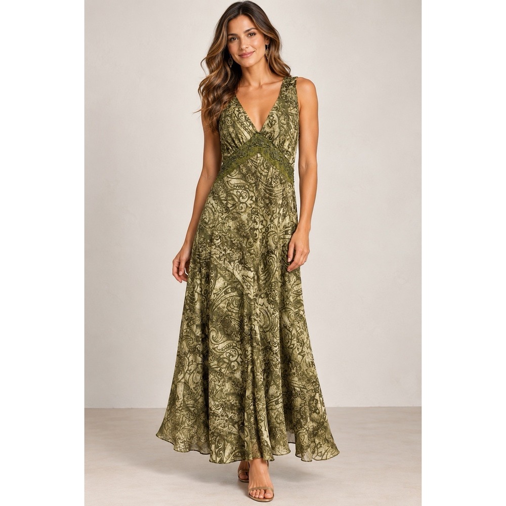 Vtg Y2K Maxi Slip Dress~M~Green Jersey Deep V Beaded Ribbon Empire Waist Grunge